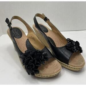 Born BOC Concept Womens 3D Flower Black Leather Cork Wedge Slingback Sandals Sz9
